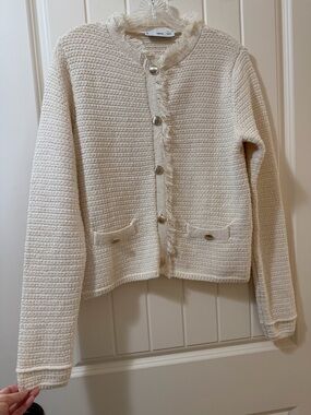 Mango Cream Knit Fringe Button-Front Cardigan